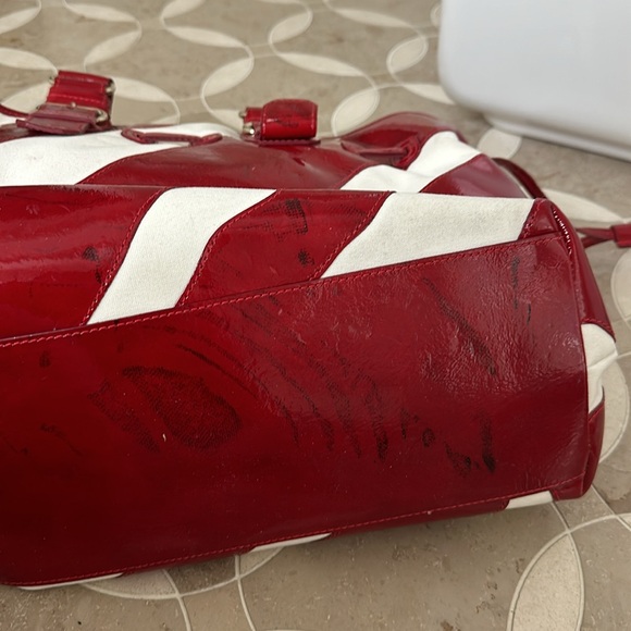 Dooney & Bourke Large Red Patent Leather/White Canvas Striped Tote EUC - Picture 6 of 13